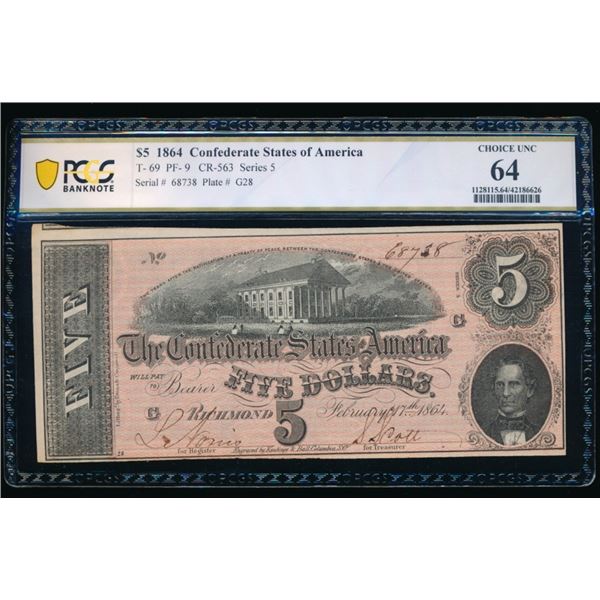 1864 $5 T-69 Confederate PCGS 64