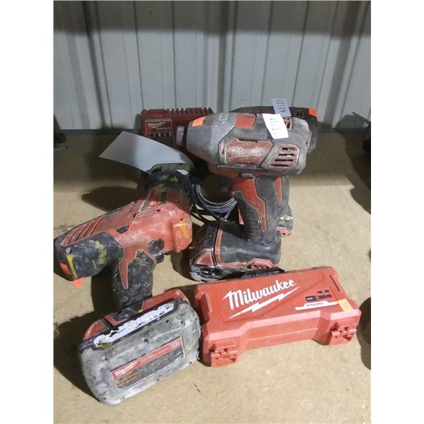 MILWAUKEE CORDLESS DRILL, CORDLESS IMPACT DRIVER, CORDLESS RECIPROCATING SAW, 2 BATTERIES, CHARGER