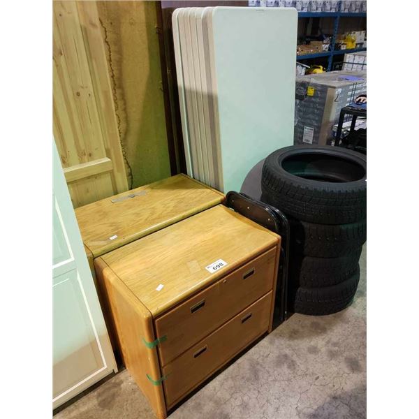 1 LIGHT WOOD 2 DRAWER LATERAL FILING CABINET, 1 LIGHT WOOD 3 TIER SLIDING SHELF STORAGE CABINET