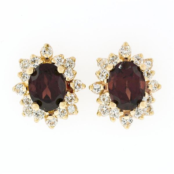 14k Yellow Gold 3.80 ctw Oval Garnet & Layered Round Diamond Halo Stud Earrings
