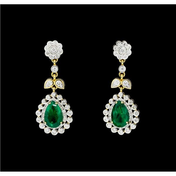 6.05 ctw Pear Brilliant Emerald And Round Brilliant Cut Diamond Earrings - 18KT