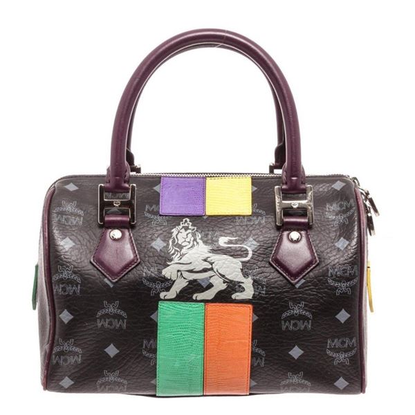 MCM Black Visetos Coated Canvas  Leather Lion Boston Satchel Bag