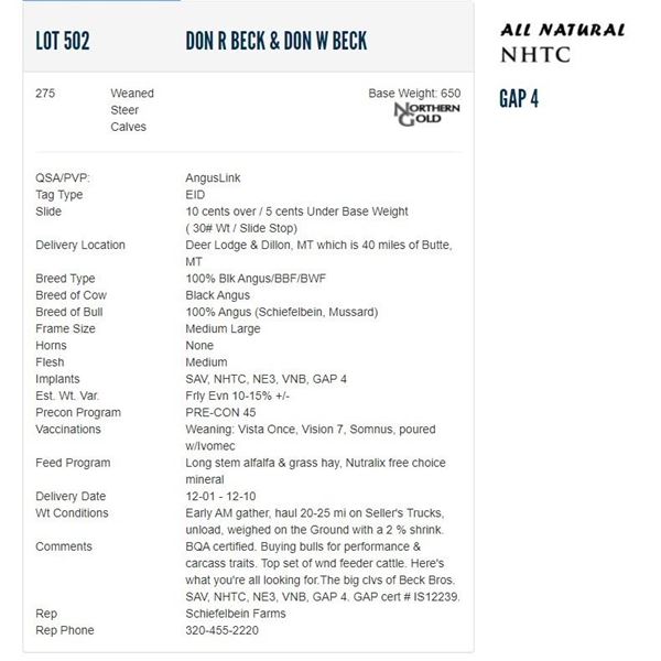 Don R Beck & Don W Beck - 275 Weaned Steers; Base Weight: 650