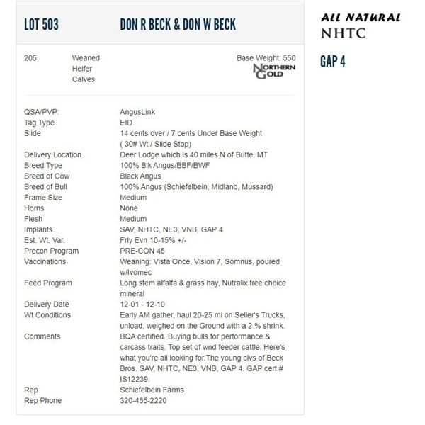 Don R Beck & Don W Beck - 205 Weaned Heifers; Base Weight: 550