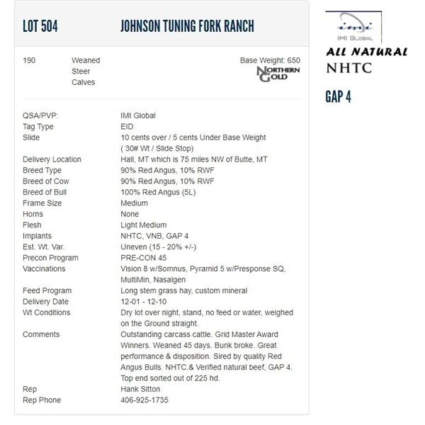 Johnson Tuning Fork Ranch - 190 Weaned Steers; Base Weight: 650
