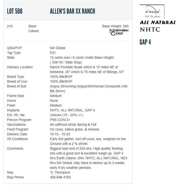 Allen's Bar XX Ranch - 210 Steers; Base Weight: 560