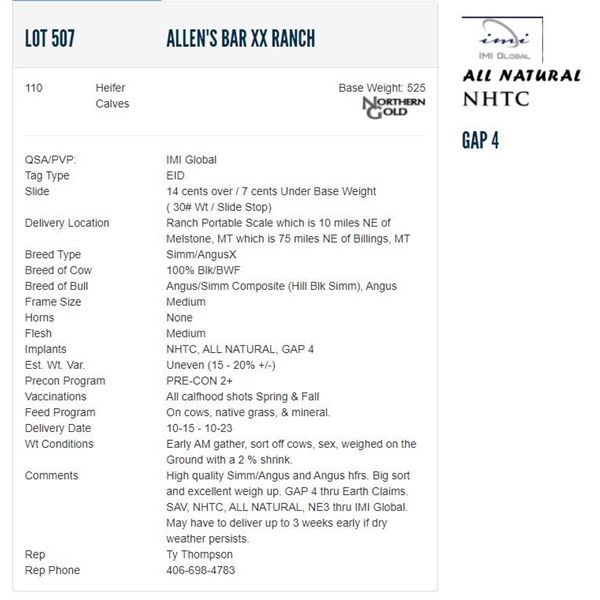 Allen's Bar XX Ranch - 110 Heifers; Base Weight: 525