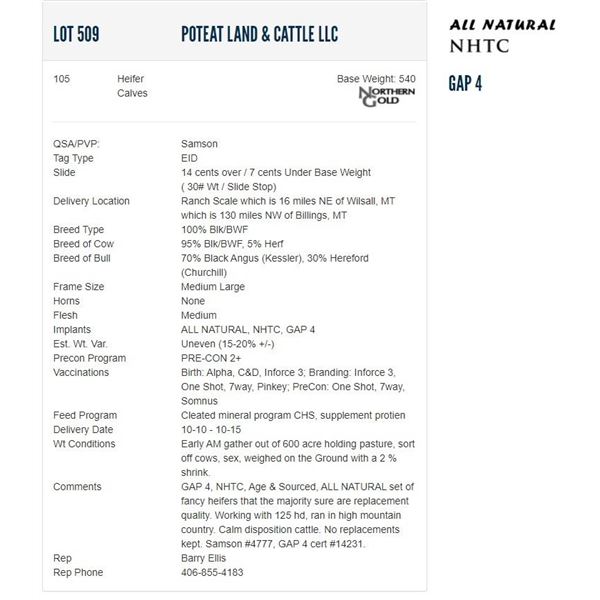 Poteat Land & Cattle LLC - 105 Heifers; Base Weight: 540