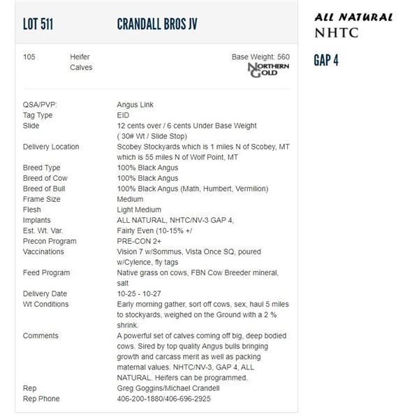 Crandall Bros JV - 105 Heifers; Base Weight: 560