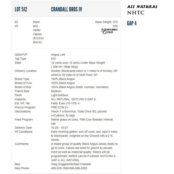 Crandall Bros JV - 65/40 Steers/Heifers; Base Weight: 575/550