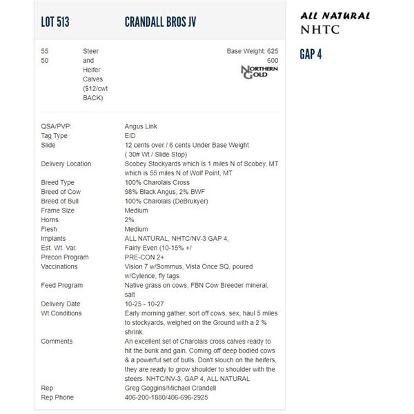 Crandall Bros JV - 55/50 Steers/Heifers; Base Weight: 625/600