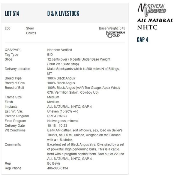 D & K Livestock - 200 Steers; Base Weight: 575