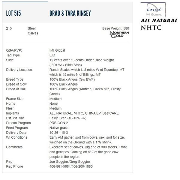 Brad & Tara Kinsey - 215 Steers; Base Weight: 580