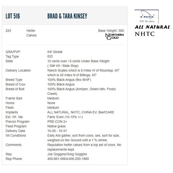 Brad & Tara Kinsey - 225 Heifers; Base Weight: 560