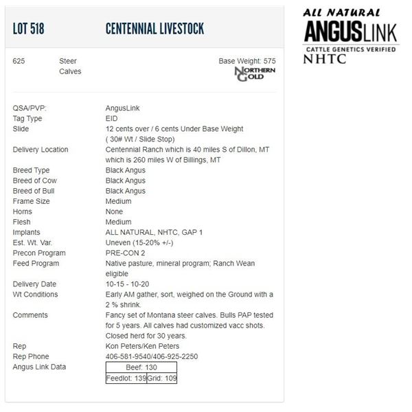 Centennial Livestock - 625 Steers; Base Weight: 575