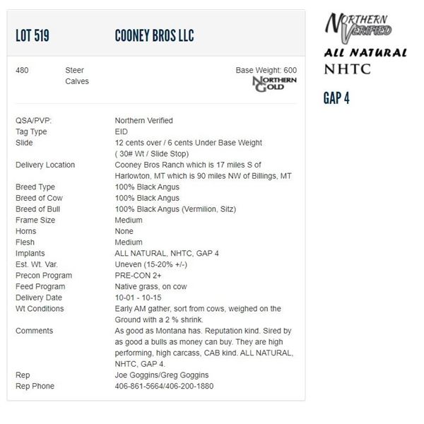 Cooney Bros LLC - 480 Steers; Base Weight: 600