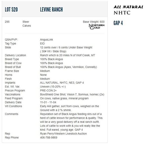 Levine Ranch - 295 Steers; Base Weight: 600