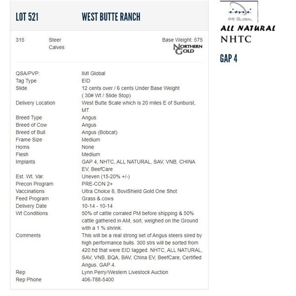 West Butte Ranch - 315 Steers; Base Weight: 575