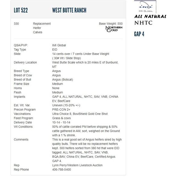 West Butte Ranch - 330 Replacement Heifers; Base Weight: 550