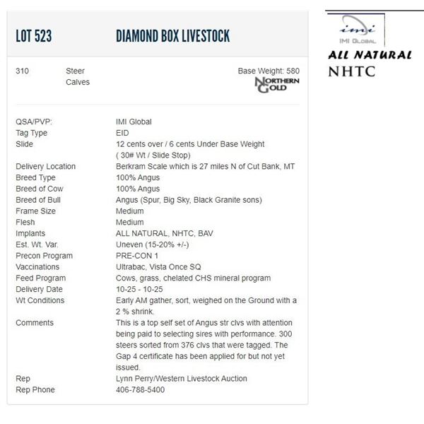 Diamond Box Livestock - 310 Steers; Base Weight: 580