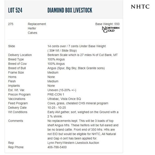 Diamond Box Livestock - 275 Replacement Heifers; Base Weight: 550