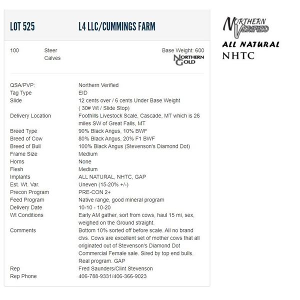 L4 LLC/Cummings Farm - 100 Steers; Base Weight: 600