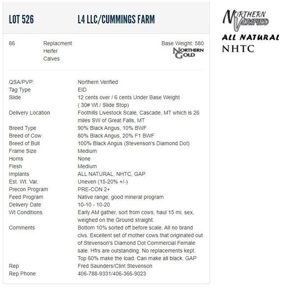 L4 LLC/Cummings Farm - 86 Replacment Heifers; Base Weight: 580