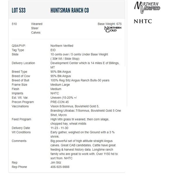 Huntsman Ranch Co - 510 Weaned Steers; Base Weight: 675