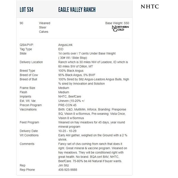 Eagle Valley Ranch - 90 Weaned Steers; Base Weight: 550