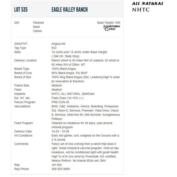 Eagle Valley Ranch - 205 Weaned Steers; Base Weight: 590
