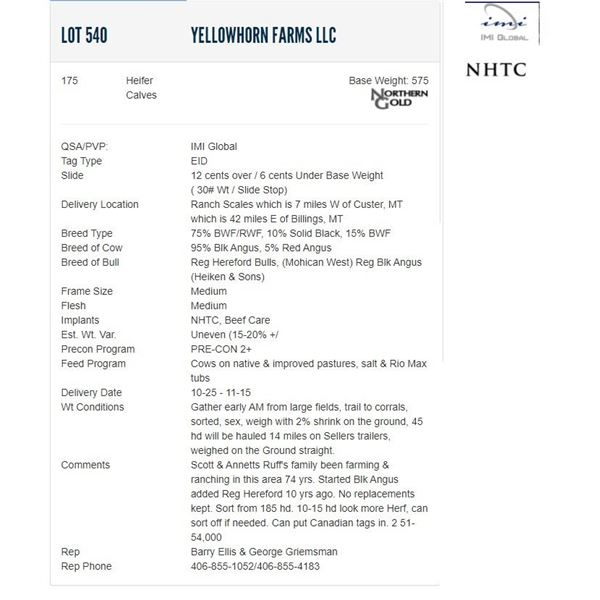 Yellowhorn Farms LLC - 175 Heifers; Base Weight: 575