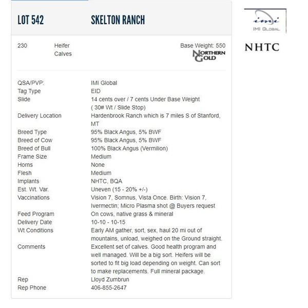 Skelton Ranch - 230 Heifers; Base Weight: 550