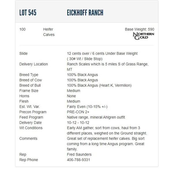 Eickhoff Ranch - 100 Heifers; Base Weight: 590