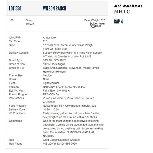 Wilson Ranch - 100 Steers; Base Weight: 625