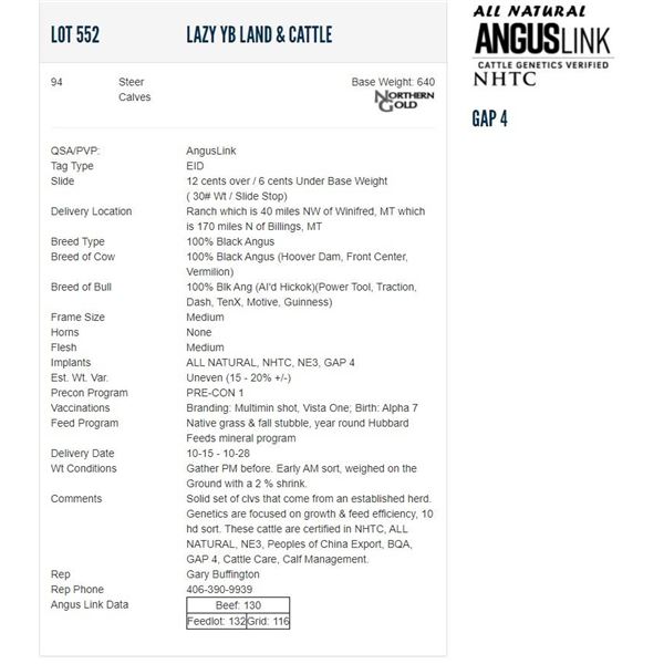 Lazy YB Land & Cattle - 94 Steers; Base Weight: 640