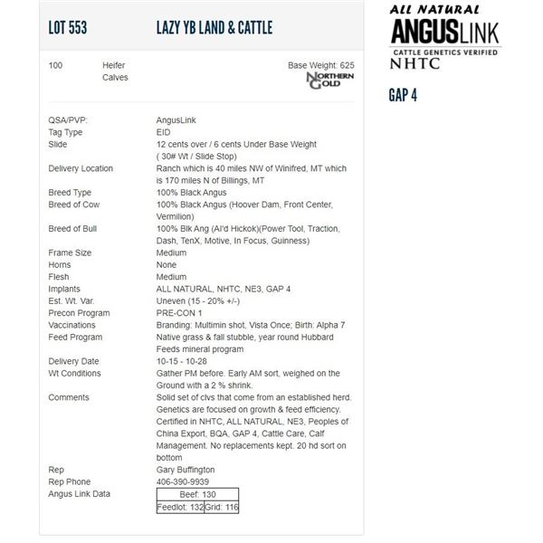 Lazy YB Land & Cattle - 100 Heifers; Base Weight: 625