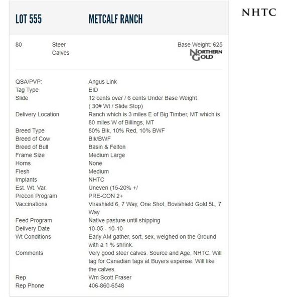 Metcalf Ranch - 80 Steers; Base Weight: 625