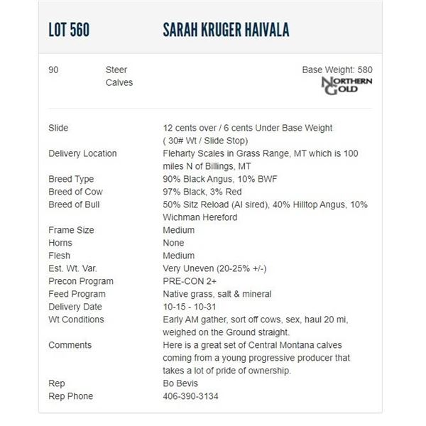 Sarah Kruger Haivala - 90 Steers; Base Weight: 580