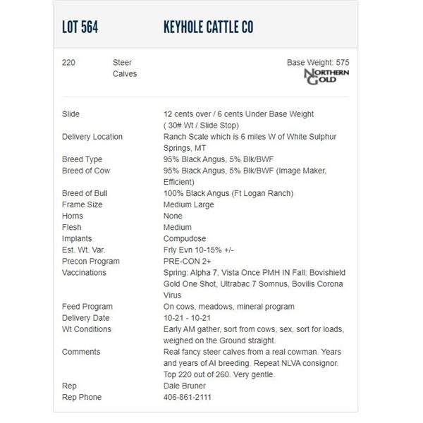 Keyhole Cattle Co - 220 Steers; Base Weight: 575