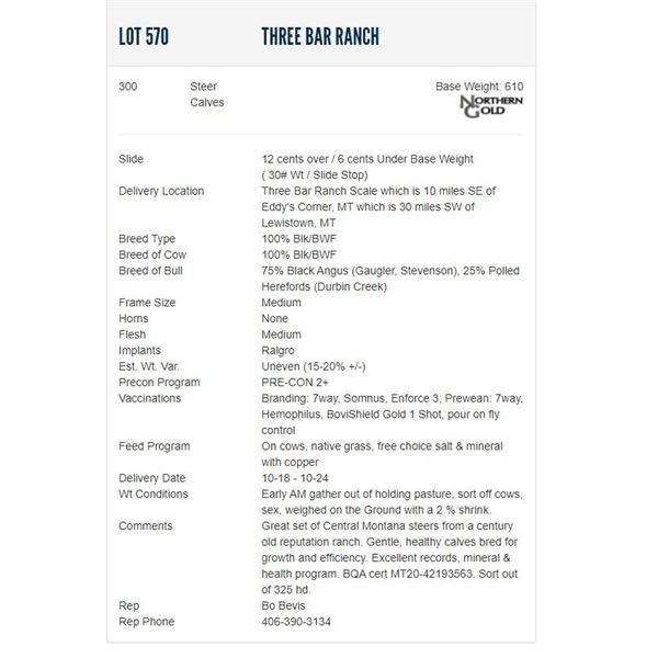 Three Bar Ranch - 300 Steers; Base Weight: 610