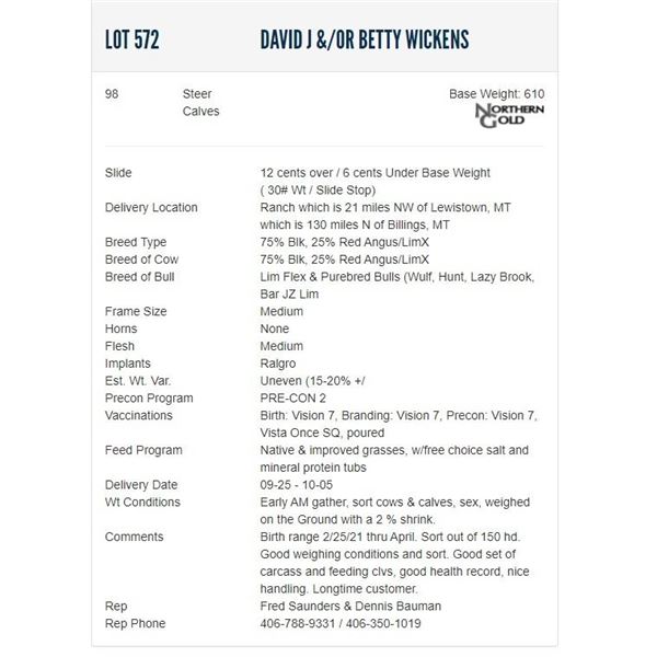 David J &/or Betty Wickens - 98 Steers; Base Weight: 610