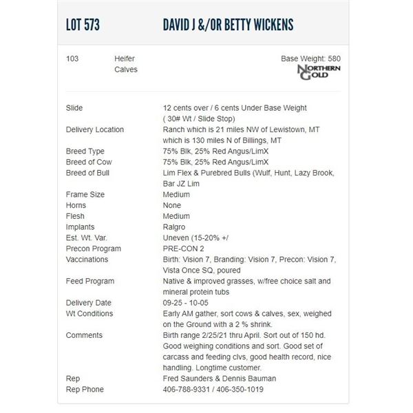 David J &/or Betty Wickens - 103 Heifers; Base Weight: 580