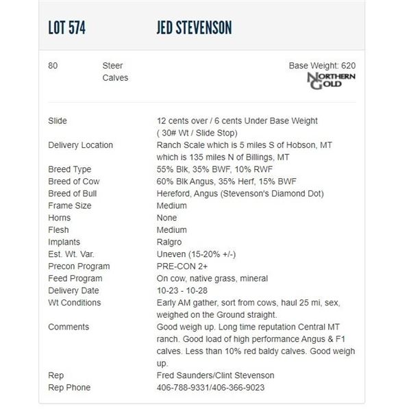 Jed Stevenson - 80 Steers; Base Weight: 620