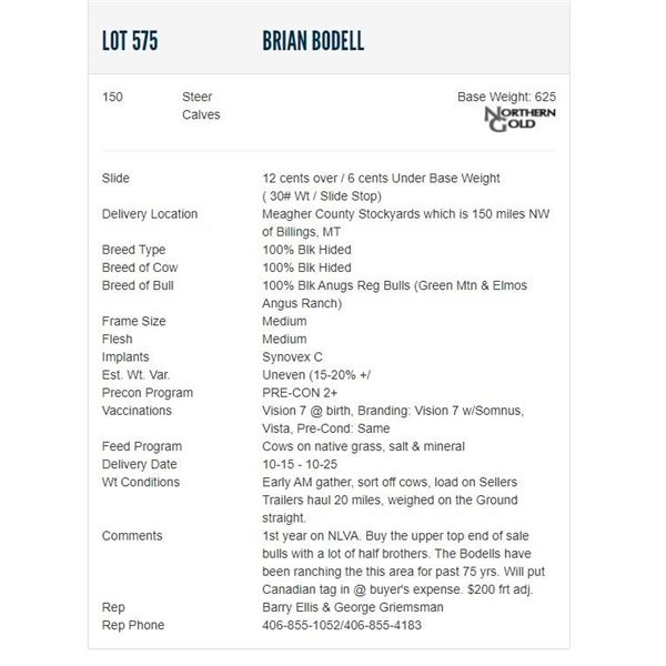 Brian Bodell - 150 Steers; Base Weight: 625