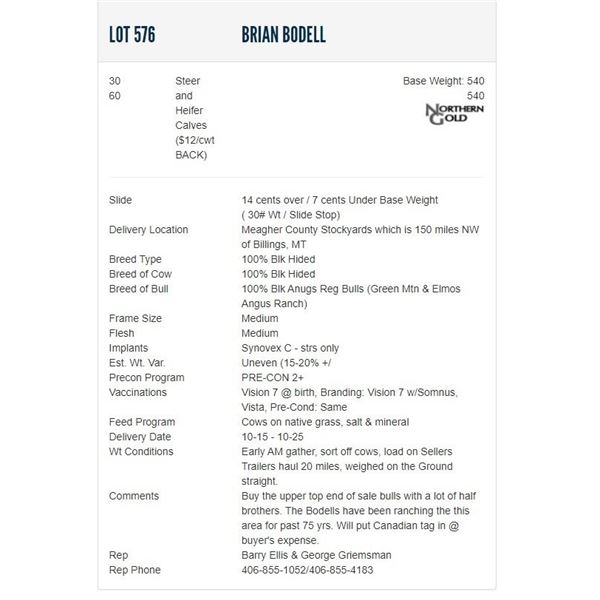 Brian Bodell - 30/60 Steers/Heifers; Base Weight: 540/540