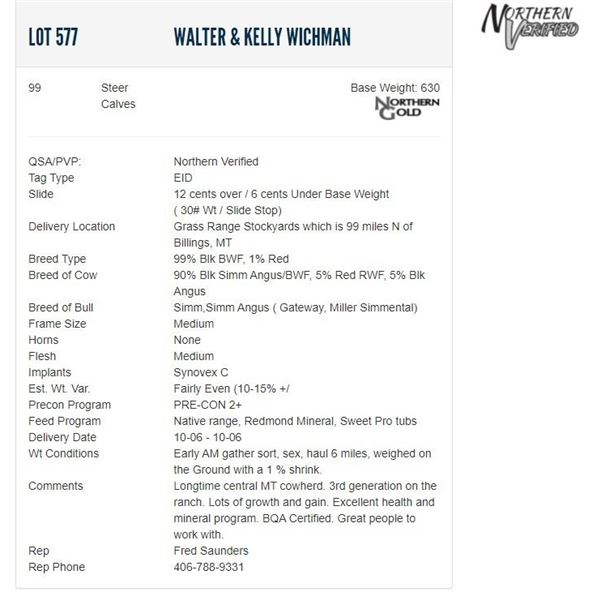 Walter & Kelly Wichman - 99 Steers; Base Weight: 630