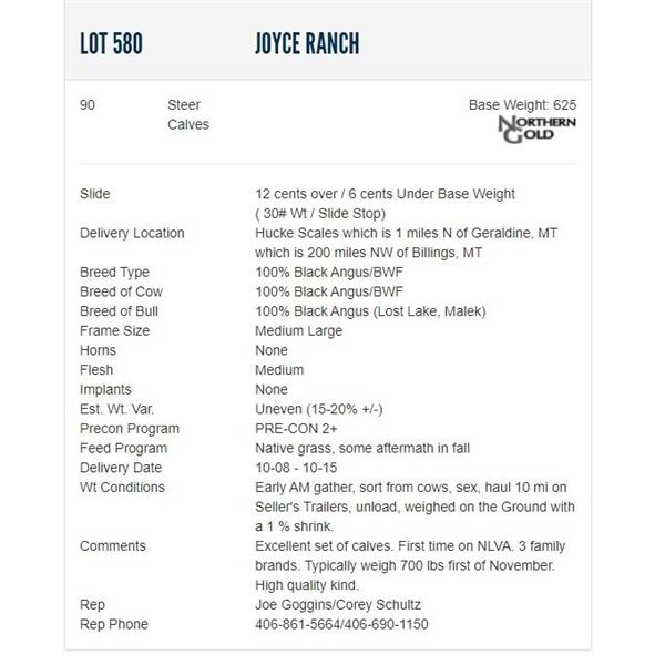 Joyce Ranch - 90 Steers; Base Weight: 625