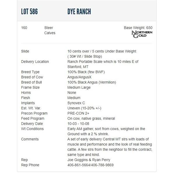 Dye Ranch - 160 Steers; Base Weight: 650