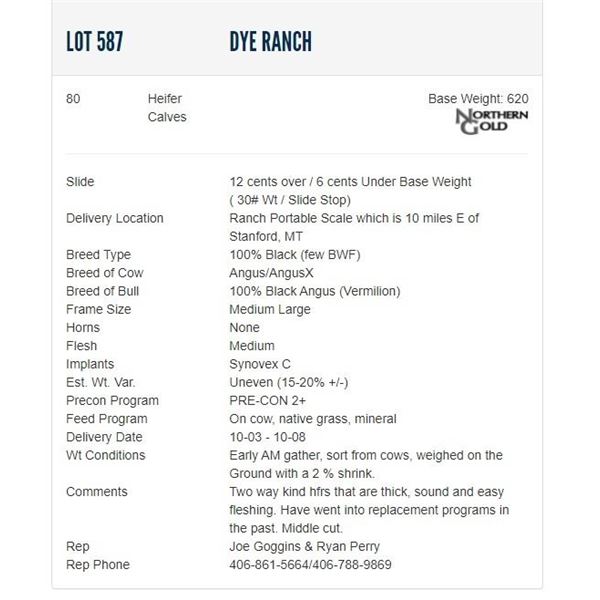 Dye Ranch - 80 Heifers; Base Weight: 620