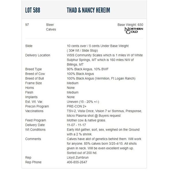 Thad & Nancy Hereim - 97 Steers; Base Weight: 650